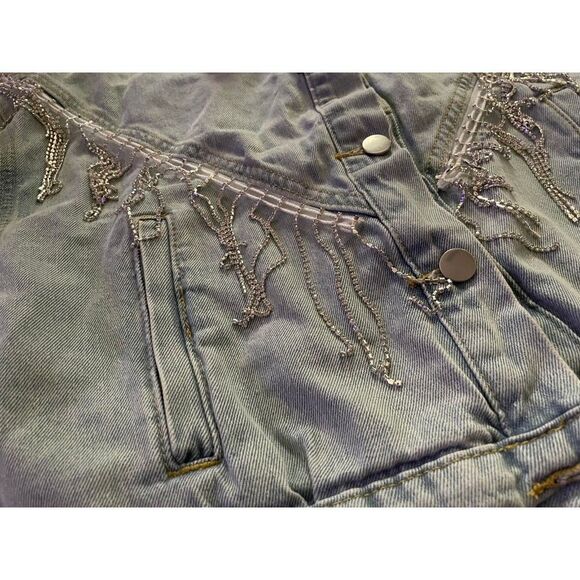 Denim Coat Jacket Women Medium Cropped Rhinestone Distressed Fringe Cowgirl - Picture 5 of 10